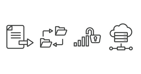network and database outline icons set. thin line icons sheet included export file, data synchronization, open data, online server vector.