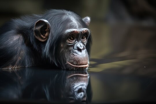 A curious and intelligent Chimpanzee looking at its reflection - This Chimpanzee is looking at its reflection, showing off its curious and intelligent nature. Generative AI
