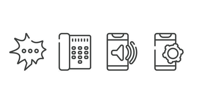 Smartphones Outline Icons Set. Thin Line Icons Sheet Included Scream Bubble, Call Director Phone, Telephone Volume, Phone Tings Vector.