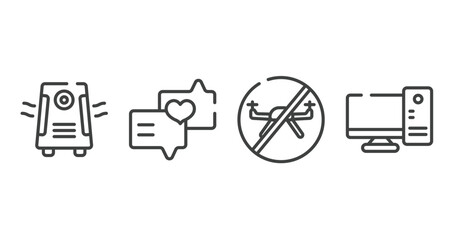 electronic device outline icons set. thin line icons sheet included air purifier, love message, no drone zone, desktop computer vector.