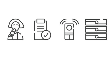 dialogue assets outline icons set. thin line icons sheet included reporter, approval, remote, servers vector.