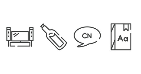 communition outline icons set. thin line icons sheet included home theater, message in a bottle, chinese language, dictionary vector.