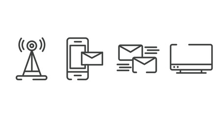 communication and media outline icons set. thin line icons sheet included radio antenna, smartphone with email, mailing, tv screen vector.