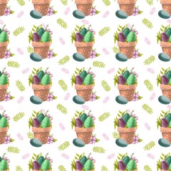 Fototapeta premium Seamless pattern Easter bunny and easter eggs. Bunny ears with eggs and flower. Spring illustration. Hand draw sketch for digital paper, fabric, textile, background