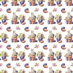 Seamless pattern Easter bunny and easter eggs. Bunny ears with eggs and flower. Spring illustration. Hand draw sketch for digital paper, fabric, textile, background