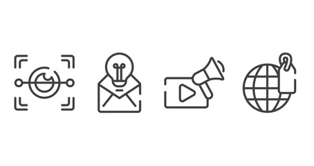 marketing outline icons set. thin line icons sheet included eye scan, null, video marketing, trademark vector.