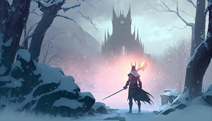 knight with trident in winter landscape, illustration painting, Generative AI
