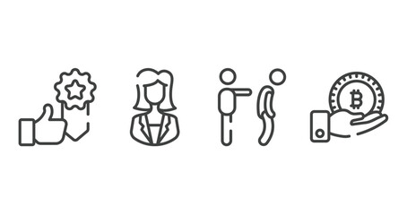 cryptocurrency outline icons set. thin line icons sheet included best seller, businesswoman, fired, receive vector.
