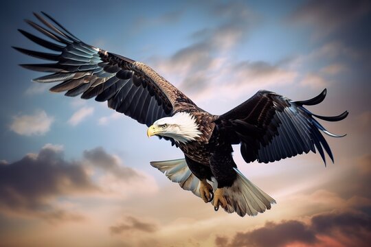 A powerful and majestic Bald Eagle soaring through the sky, showing off its powerful and majestic nature. Generative AI