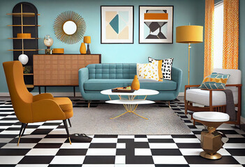 Interior design of a retro-inspired living room design that incorporates mid-century modern furniture, vintage accessories, and bold geometric patterns | Generative AI