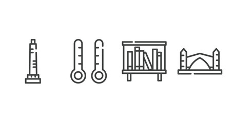 linear monuments outline icons set. thin line icons sheet included walled obelisk, thermometers, bookshelves, stari most vector.