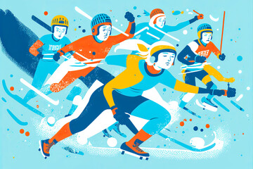 Characters engaged in various winter sports on ice, in action and colorful, highlighting the excitement of winter sports for a wide audience. Generative AI - obrazy, fototapety, plakaty