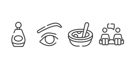 therapy outline icons set. thin line icons sheet included beauty perfume, eye with lines, soup, consultation vector.