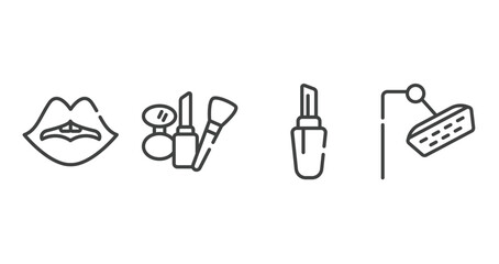 beauty salon outline icons set. thin line icons sheet included woman lips, cosmetic tools, lipstick with cover, shower head vector.