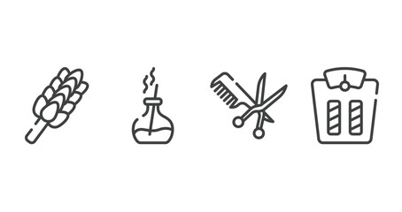 spa outline icons set. thin line icons sheet included whisk, scent, hairdresser with comb and scissors, weighing vector.