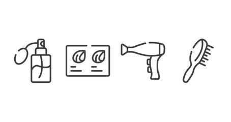 hairdressing and barber outline icons set. thin line icons sheet included perfume, hair color sample, hairdryer side view, hair brush vector.