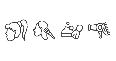 hair salon outline icons set. thin line icons sheet included female head, hair dye, shaving foam, hairdryer and comb vector.