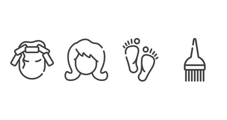 hair salon outline icons set. thin line icons sheet included curlers, woman hair, barefoot, brush tool vector.