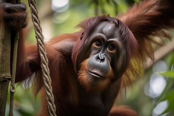 A curious and intelligent Orangutan swinging through the trees - This Orangutan is swinging through the trees, showing off its curious and intelligent nature. Generative AI