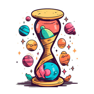 outline of an hourglass with planets and stars inside