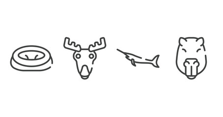 fauna outline icons set. thin line icons sheet included pet bed, moose head, big swordfish, capybara head vector.