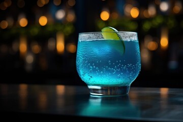 A blue drink with a lime slice on top of it