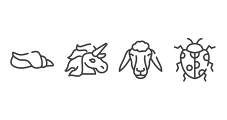 free animals outline icons set. thin line icons sheet included seashell conch, unicorn, sheep head, spots ladybug vector.