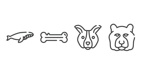 fauna outline icons set. thin line icons sheet included whale swimming, dog bone, dog face, tiger head vector.