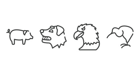 free animals outline icons set. thin line icons sheet included pig with round tail, border collie dog head, eagle head, kiwi eating vector.