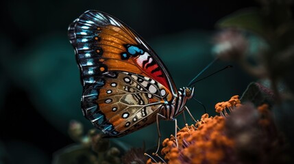 Obraz na płótnie Canvas a large butterfly with orange and blue wings sitting on a plant with orange flowers in the foreground and a dark green background with a black background. generative ai
