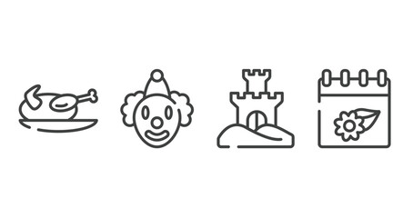 spring outline icons set. thin line icons sheet included turkey, clown, sand castle, season vector.