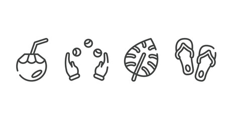 tropical outline icons set. thin line icons sheet included coconut water, juggling, monstera leaf, flip flops vector.