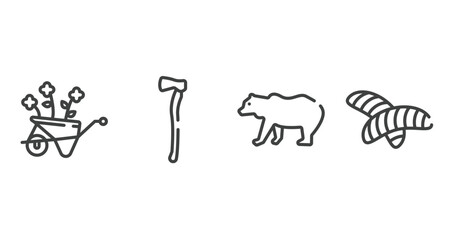 wild animal outline icons set. thin line icons sheet included wheelbarrow, axe, grizzly bear, null vector.
