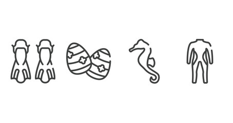 diving outline icons set. thin line icons sheet included flippers, easter egg, seahorse, diving suit vector.