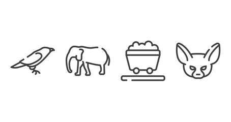 desert outline icons set. thin line icons sheet included crow, elephants, wagon, fennec vector.