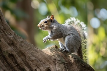 Naklejka na ściany i meble A curious and playful Grey Squirrel climbing a tree - This Grey Squirrel is climbing a tree, showing off its curious and playful nature.. Generative AI