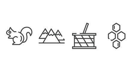 wildlife outline icons set. thin line icons sheet included chipmunk, mountains, picnic basket, hive vector.