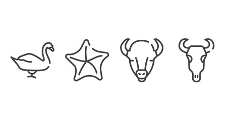 desert outline icons set. thin line icons sheet included swan, starfish, bison, bull skull vector.