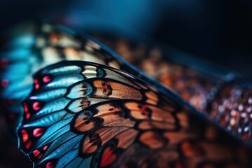 Fototapeta na wymiar a close up of a butterfly wing with many colors on it's wings and a black background with a blurry image of the wing. generative ai