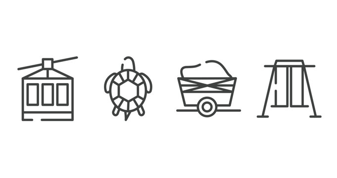 zoo outline icons set. thin line icons sheet included cable car, tortoise, wagon, swing vector.
