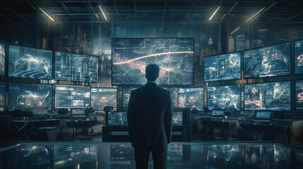 A businessman living in a futuristic city. it watches the data on dozens of screens surrounding it Generated AI