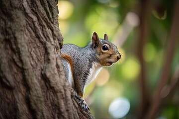 A curious and playful Grey Squirrel climbing a tree - This Grey Squirrel is climbing a tree, showing off its curious and playful nature.. Generative AI