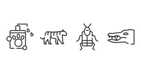 animals outline icons set. thin line icons sheet included pet shampoo, tiger, crioceris, crocodile vector.