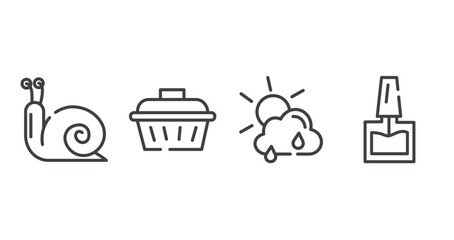 pet grooming outline icons set. thin line icons sheet included snail, pet cage, clouds and sun, nail polish vector.