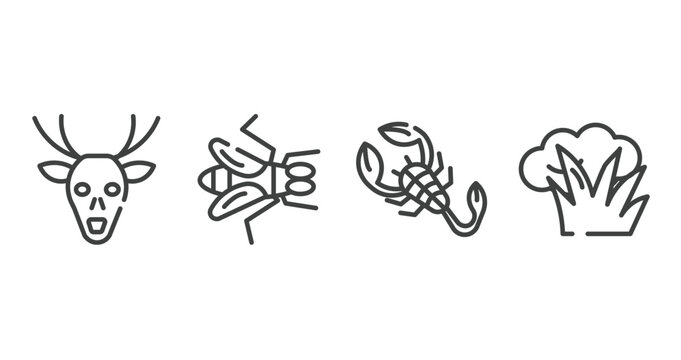 nature outline icons set. thin line icons sheet included deer, gadfly, scorpion, bush vector.
