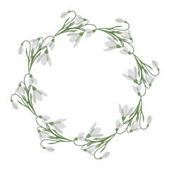 A frame of snowdrops for your design. First spring flowers. Round frame.. Vector illustration.