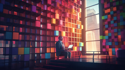 businessman living in a futuristic city. The adventurous businessman body is made up of colorful blocks Generated AI
