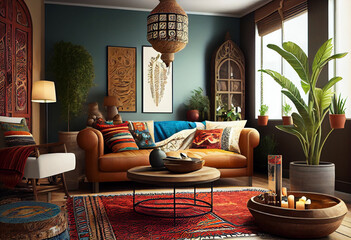 Interior design of a multicultural living room design that incorporates elements of different cultures and traditions, showcasing diverse art, textiles, and decor | Generative AI