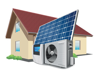 Heat pump, inverter and solar panel as a green energy system concept - obrazy, fototapety, plakaty