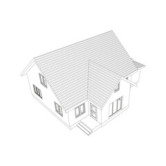 3D suburban house model. Drawing of the modern building. Cottage project on white background. Vector blueprint.
